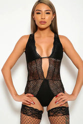 Black Lace Plunging Neck Bodysuit Imitates Areous